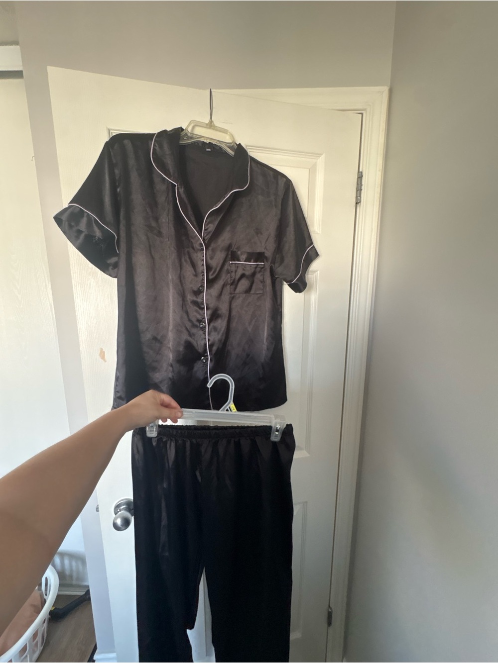 La Vie En Rose Black Satin Pajama Set with White Piping
